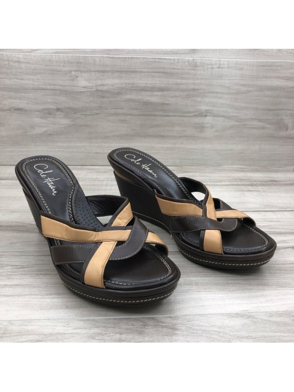 Cole Haan Wedge Sandals Womens 7AA Gabby Brown Leather Slip On Shoes